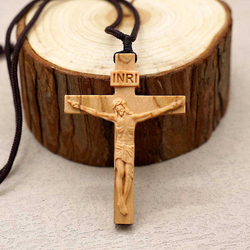 70cm Rope Cord Jesus Cross Necklace Crucifix Wood Pendant Necklaces for Men Woman Black Sweater Chain Religious Unisex Jewelry