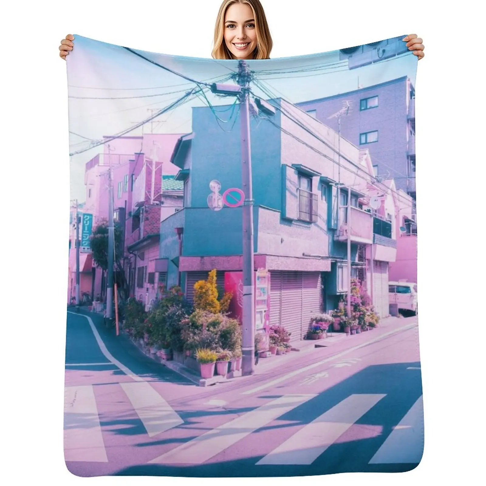 

Anime in Real Life Vaporwave Summer Day in Tokyo Residential area Throw Blanket Luxury St cosplay anime Soft Blankets