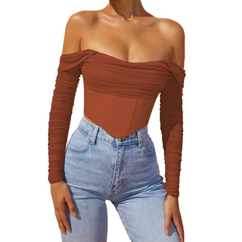 

‌ Корсет с открытыми плечами, топ, формирователь, сексуальная блузка с длинными рукавами, гламурный топ для живота, талии, легкий формирующий топ, женская одежда