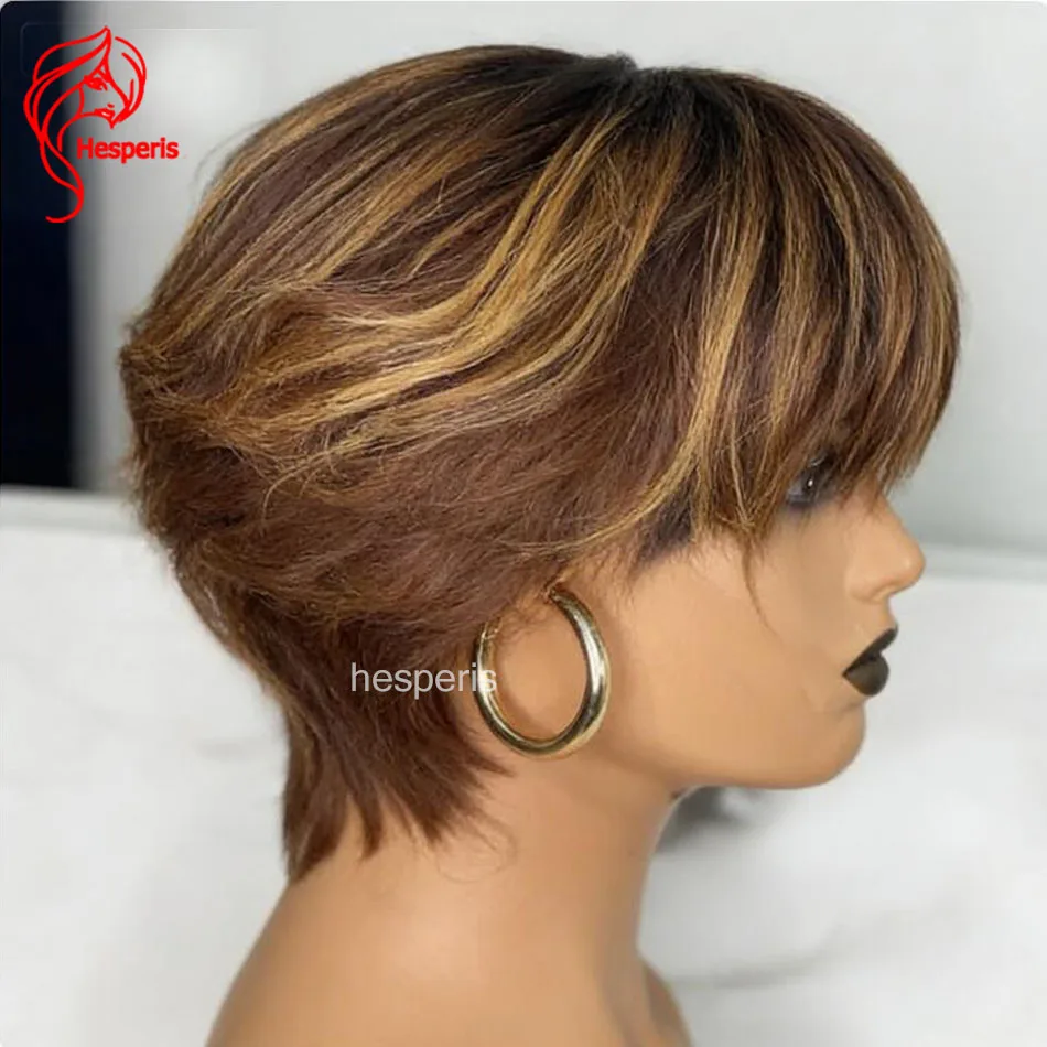 Hesperis Pixie Cut Wig With Bangs Brazilian Remy Short Human Hair Wig Blonde Highlight Scalp Top Full Machine Made Wigs