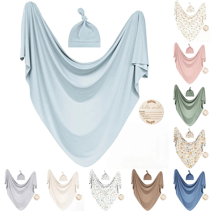 Couverture de réception pour nouveau-né, 3 pièces, ensemble de chapeaux d'emmaillotage doux imprimés pour bébé, accessoires de photographie pour nourrissons