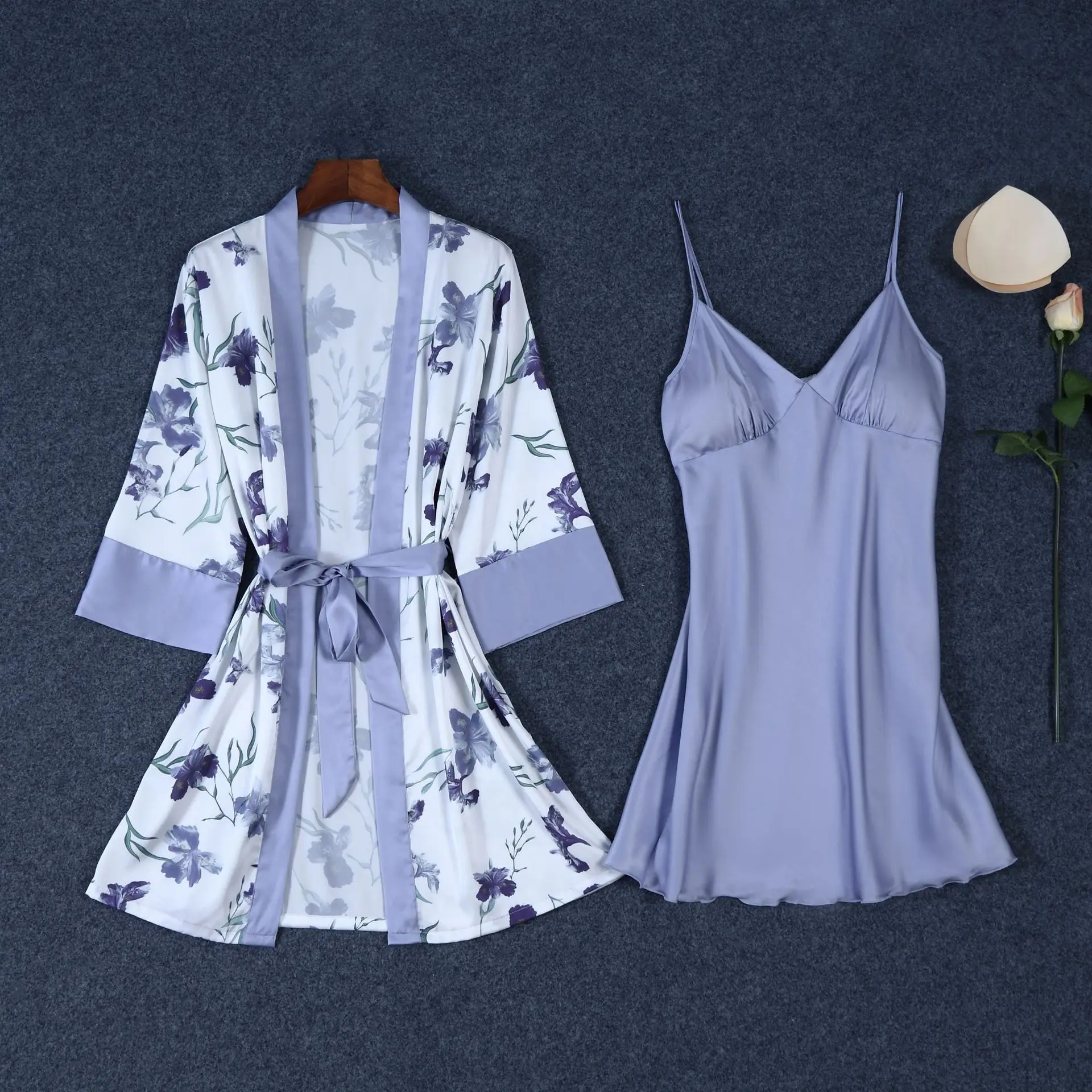 

Sexy Ice Silk Sleep Dress Nightgown Printing Flowers Cardigan Kimono 2Pcs Sleep Suit Robe V Neck Homedress Home Clothing