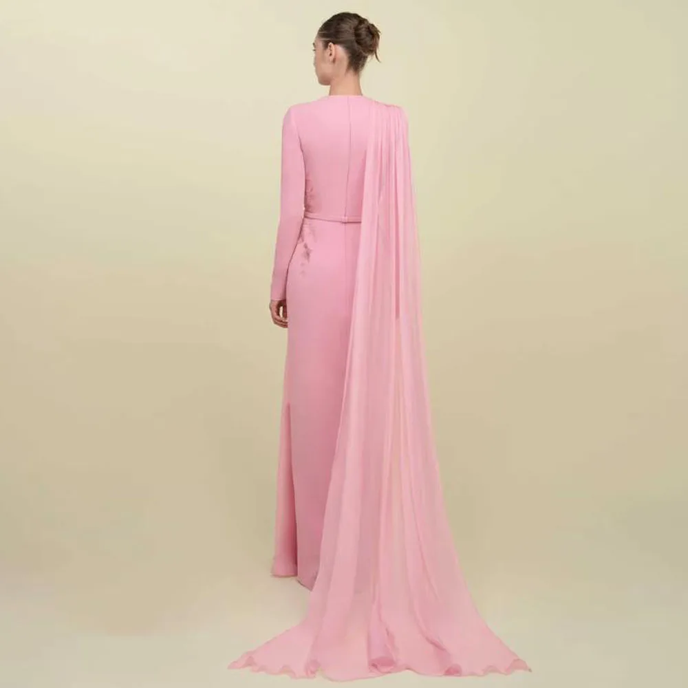 Customized Pink Straight Evening Dresses with Cape O Neck Full Sleeve Arabic Dubai Formal Gown Side Split Long vestidos de noche