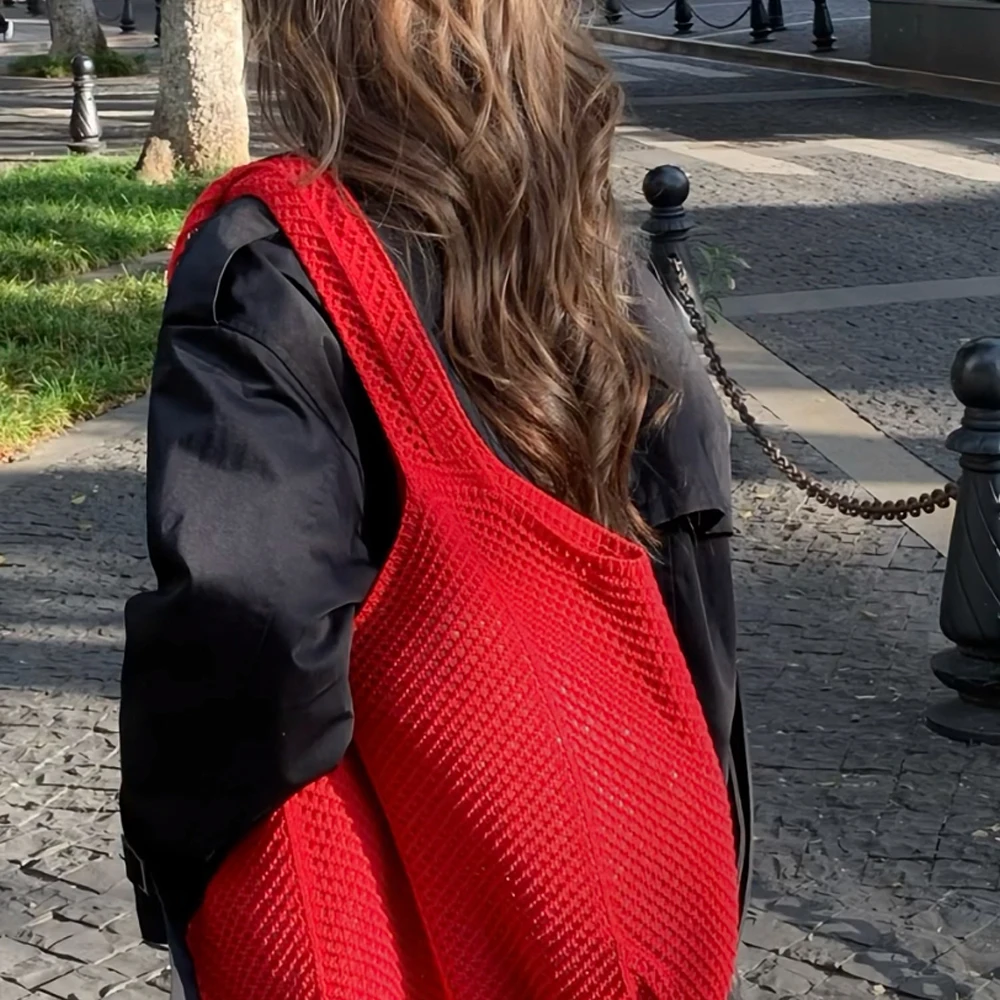 Koreanischer Stil, lässiger Stil, große Kapazität, retrorote gestrickte Tragetasche, vielseitige Nischentasche im Urlaubsstil, gewebte Tasche, Damentasche – Detail 5