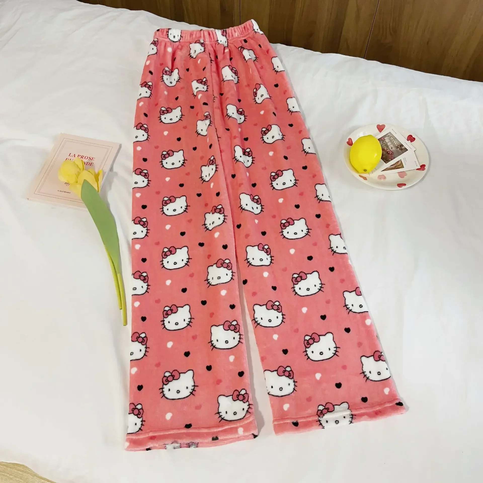 Kawaii Cartoon Pajamas Pants Halloween Hello Kitty Coral Fleece Pajama Pants Casual Home Soft Trousers Girl Clothes Gift