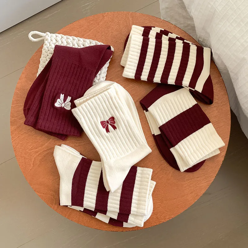 

Autumn Winter Socks Women New Red Lovely Bow Boneless Pile Cotton Comfort Mid-tube Beauty Korean Fashion Academy StyleIns Sock
