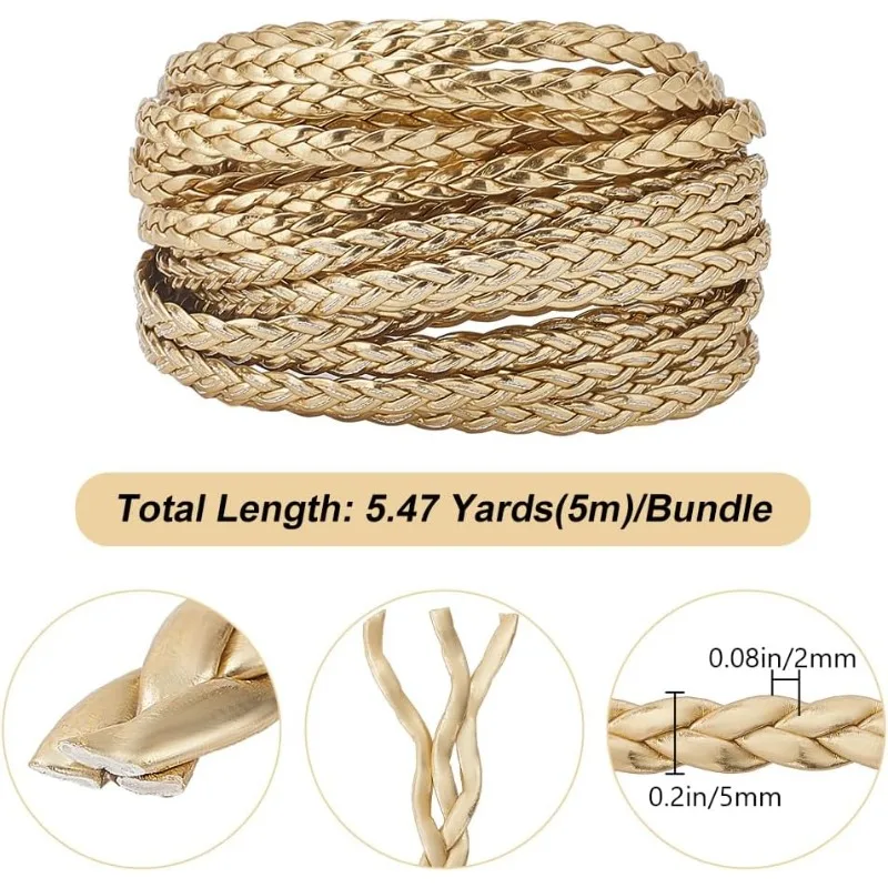 5m Braided Leather Cord Gold PU Leather Rope 2mm Thick Flat Folded Imitation Leather String Thread for DIY Braiding Crafts