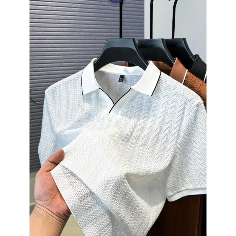 

Pop High End Luxury Scissors Small V Lapel Short Sleeved Men's T-shirt New Casual Ice Silk Mesh Breathable Cool Polo Shirt Men's