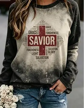 Women's Faith Sweatshirt Bleached Christian Hope Print Brown Raglan Long Sleeve Round Neck Top