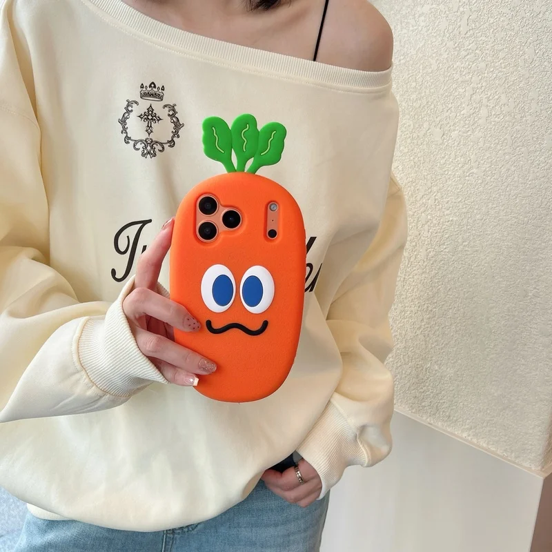 Kawaii 3D Cartoon Vegetable Carrot Silicone Phone Case For iPhone 18 17 16 15 14 13 12 Pro Max Shockproof Soft Back Cover