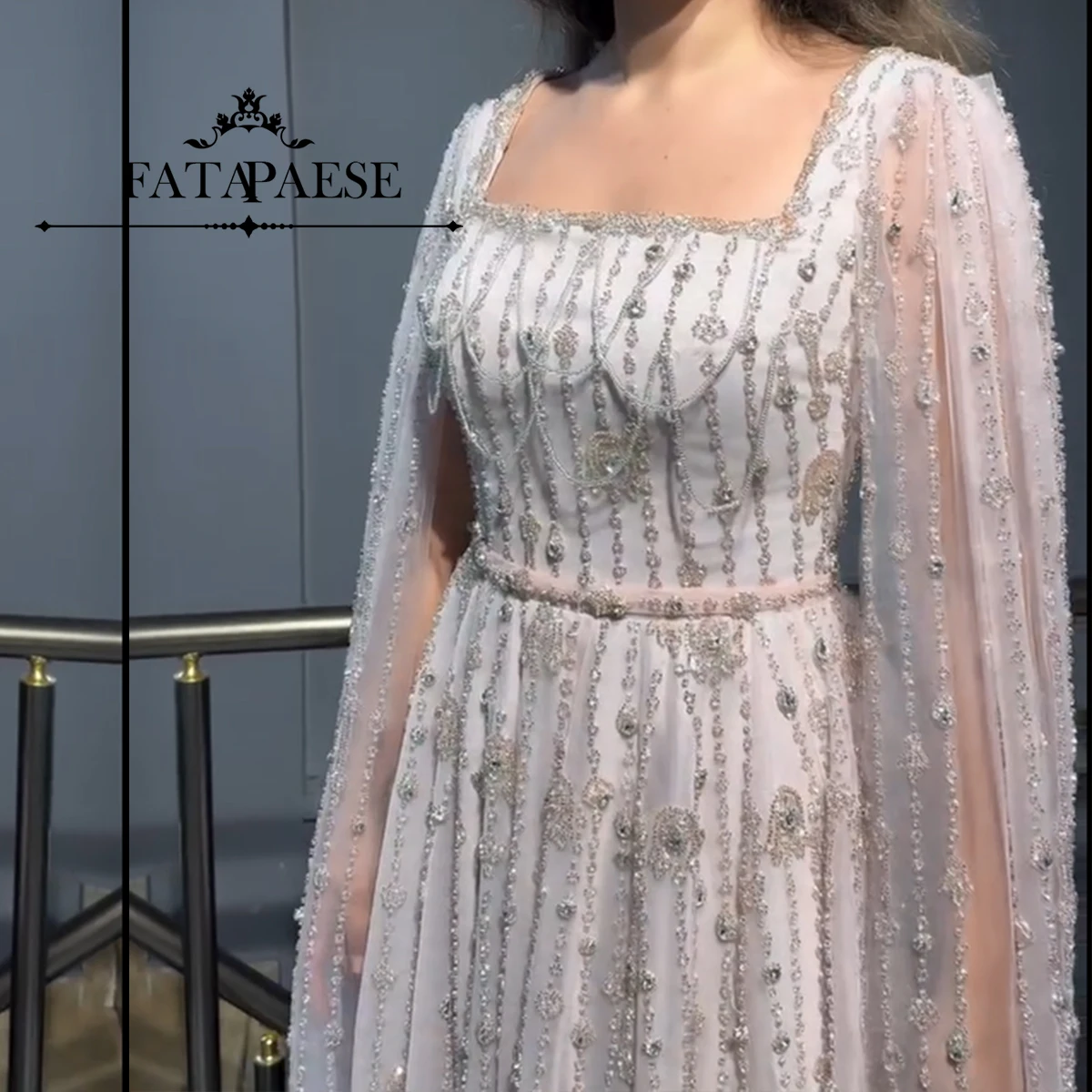 

FATAPAESE Customized Arabic Fully Crystal Beaded Luxury Saudi Sliver Cape Tank Sleeve Evening Dresses Gowns For Formal Occasion