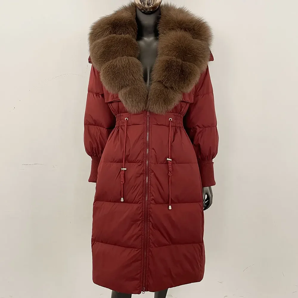 

Natural Fur Jacket Elegant Women Real Fur Coat Winter White Duck Down Coat Slim Fit Fox Fur Collar Over Knee Long Puffer Jacket