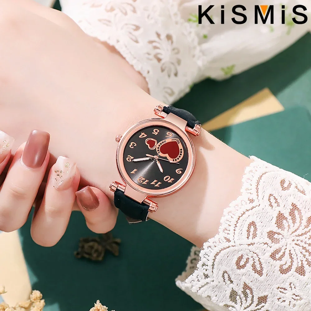 Women's Fashion Quartz Watch Love Design Peach Heart Dial Frosted Leather Strap Casual Wrist Watch for Women