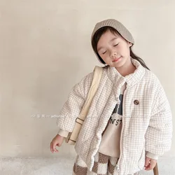 2024 Winter New Children Plaid Cotton Padded Jacket Long Sleeve Girls Warm Coat Plus Velvet Thick Kids Casual Jacket Boy Clothes