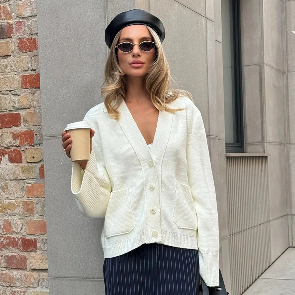 

Loose Knitted Cardigan Sweater Europe America 2025 Autumn and Winter Clothes Women Solid V-neck Knitted Cardigan Sweater Women