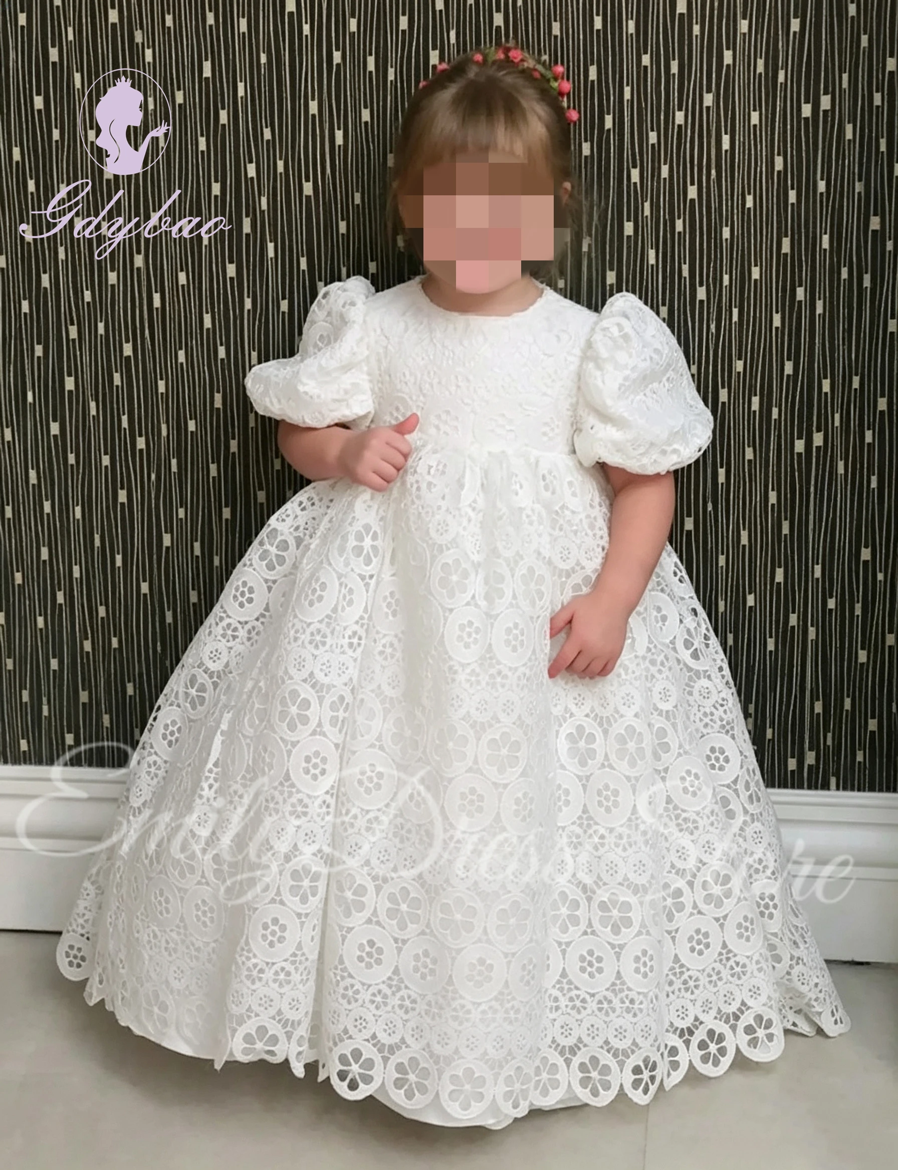 Customized White High Waist Flower Girl Dress For Wedding Modest Lace Puffy Short SleeveKids Birthday First Communion Gowns