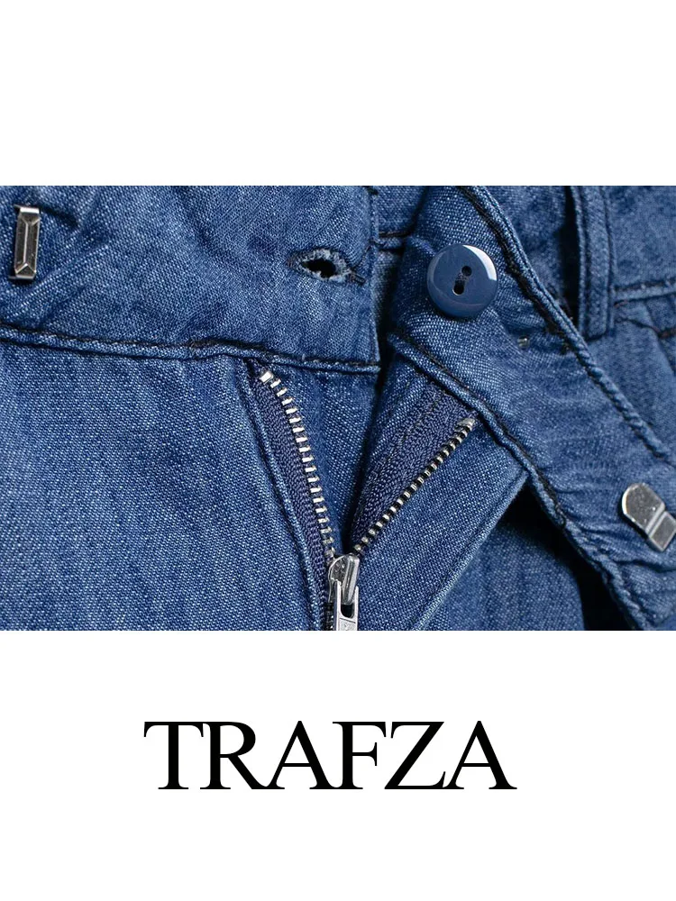 TRAFZA 2024 Female Casual Wide Leg Pants Denim Blue High Waist Pockets Buttons Zipper Trousers Autumn Woman Long Pants Trendy