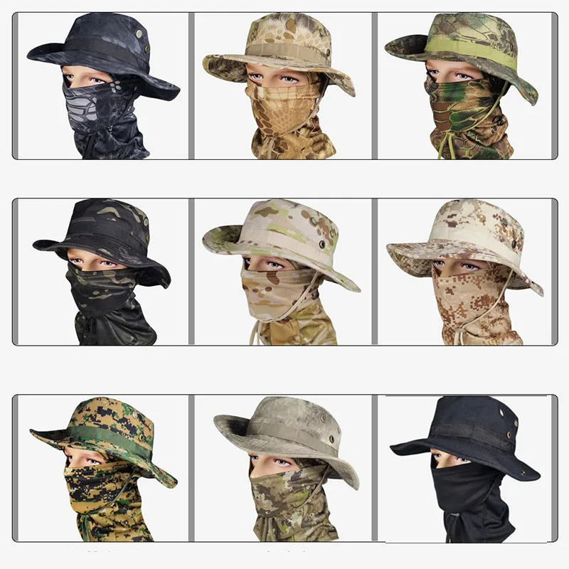 Tactical Camouflage Boonie Hat Military Outdoor Fisherman Hat Summer Sun Shading Neck Protection Hiking Climbing Round Edge Hat