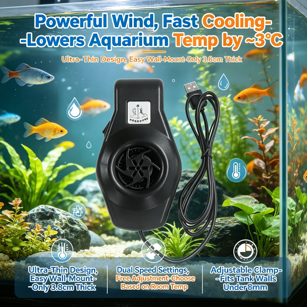 Aquarium Cooling Fan with USB Cable Mini Aquarium Chiller with Speed Controller Suitable for Freshwater Saltwater Tank