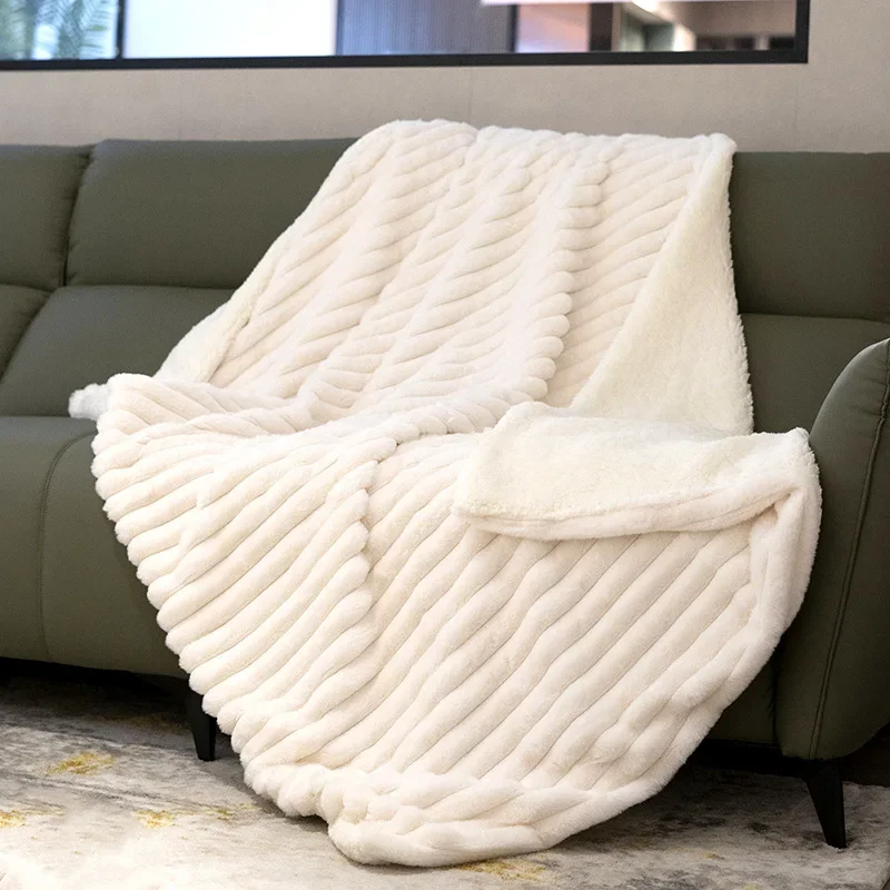 Thick Solid Faux Rabbit Hair Ribbed Blanket Simple Soft Office Nap Sofa Blankets Skin-Friendly Fluffy Autumn and Winter Quilt