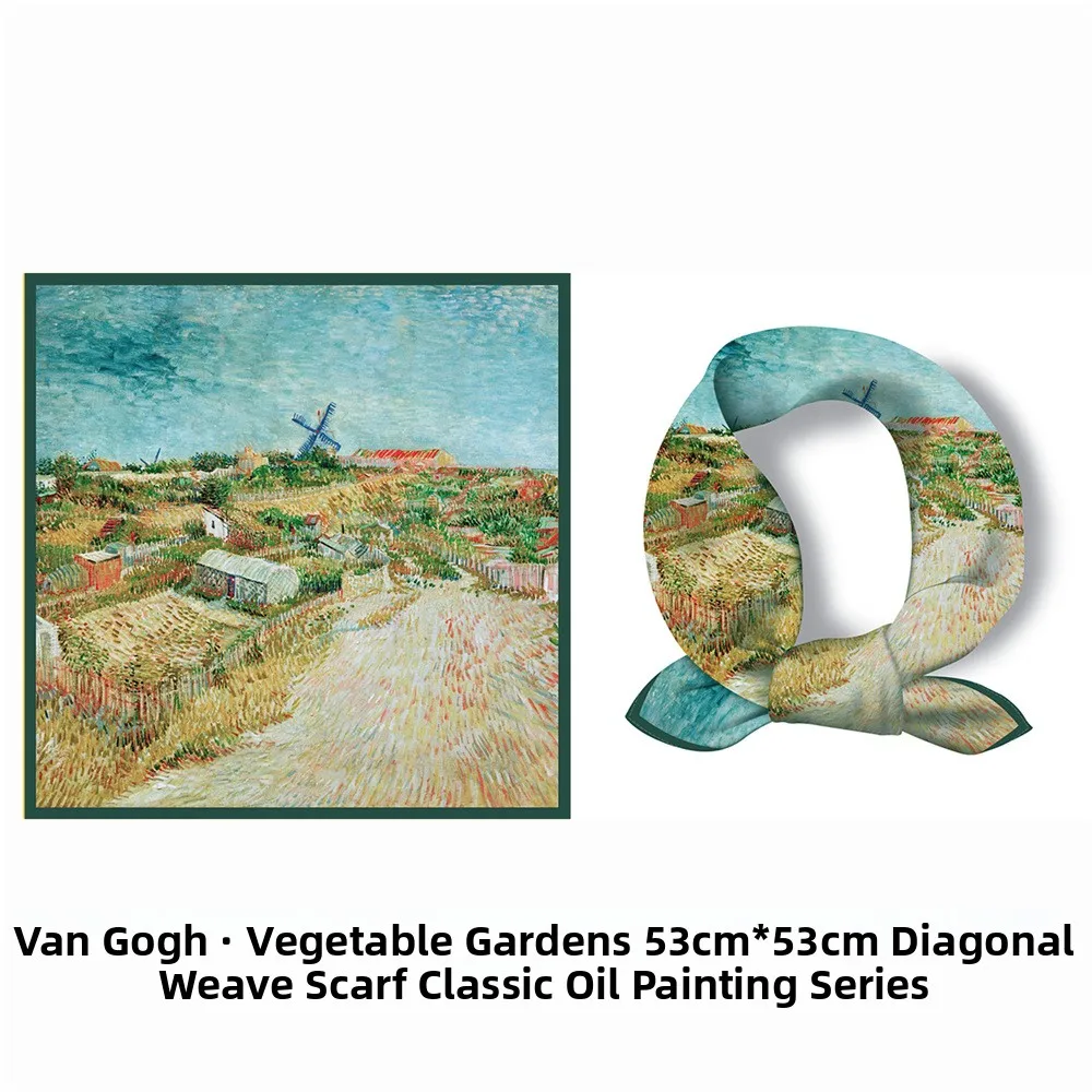 

New 53cm Van Gogh Oil Painting Series Montmartre Vegetable Garden Diagonal Silk Square Scarf Necktie Decorative Scarf for All...