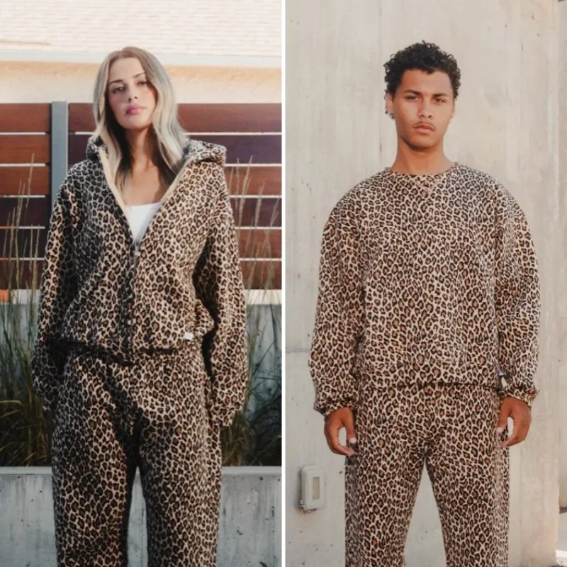 Y2k Streetwear Leopard Print Hoodies Cheetah Print Elastic Waistband Pants Lined With Plush Winter Warm Fashion Unisex Clothing