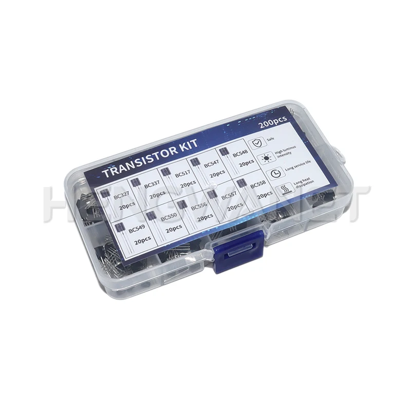 200pcs BJT Transistor Kit Bipolar Power Transistors A1015 BC327 BC337 C1815 S8050 S8850 2N2222 2N2907 2N3904 2N3906 PNP NPN