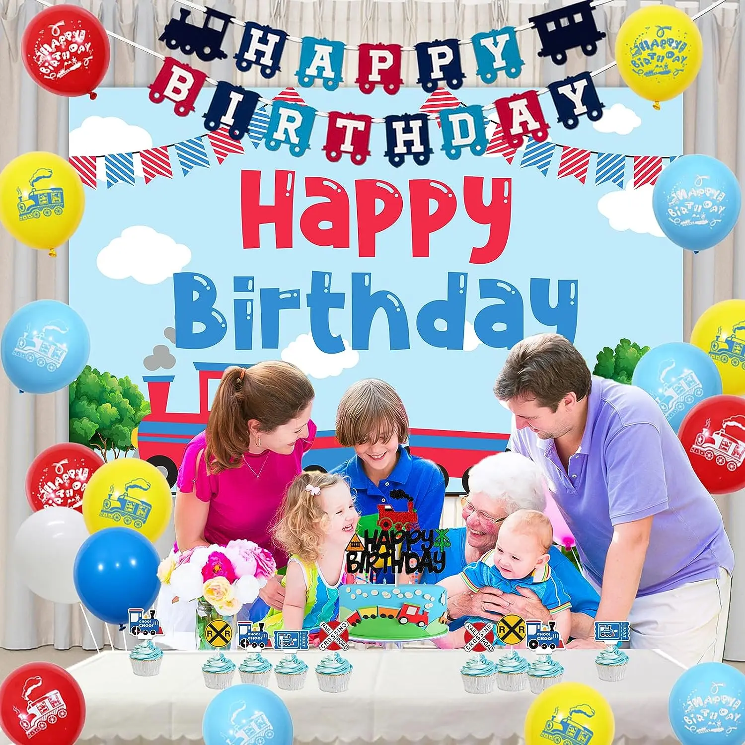 Imagem -05 - Train Theme Birthday Decorações para Meninos Treinar Contexto Feliz Aniversário Banner Balões Grupo Cake Toppers