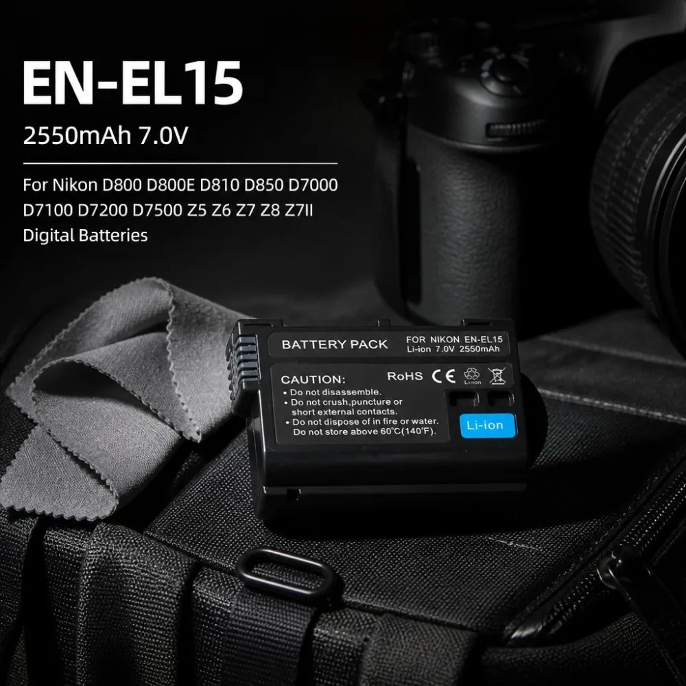 EN-EL15 2550mAh 7.0V Replacement Battery for Nikon D800 D800E D810 D850 D7000 D7100 D7200 D7500 Z5 Z6 Z7 Z7II Digital Batteries