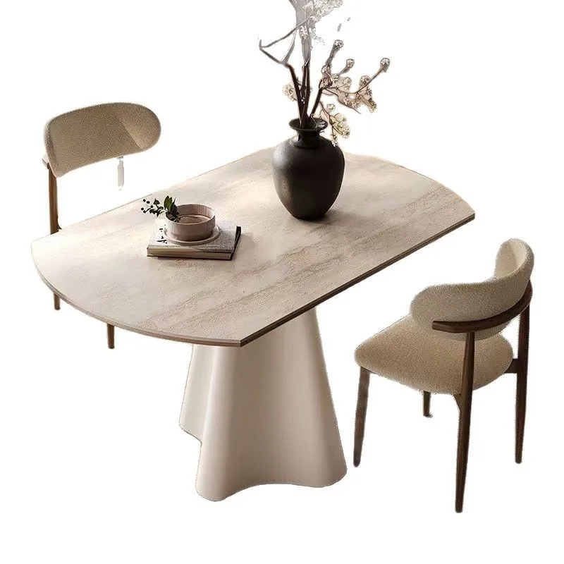 Travertine rock slab round table household solid wood dining table, variable round table small apartment French cream style