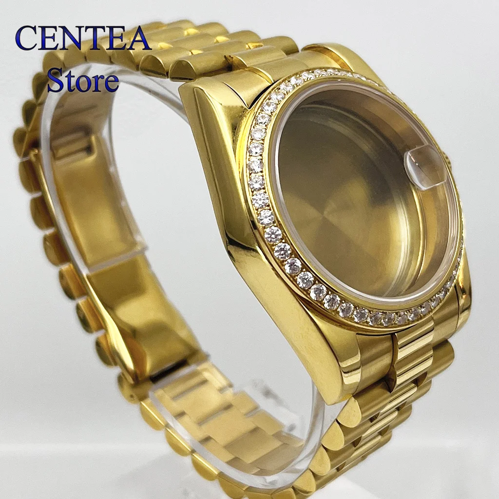 RICHUS-caja de reloj dorada, cristal de zafiro, tipo diamante, compatible con NH35, NH36, ETA2824, Miyota8215, movimiento automático, 36/39mm