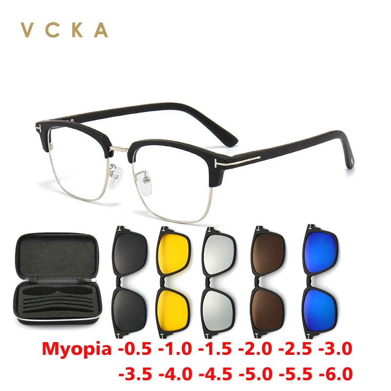 VCKA 6 in 1 Square Frame Myopia Sunglasses Retro Mirrored Glasses Women Men Polarized Custom Prescription Magnet Clips  -0.5~-10