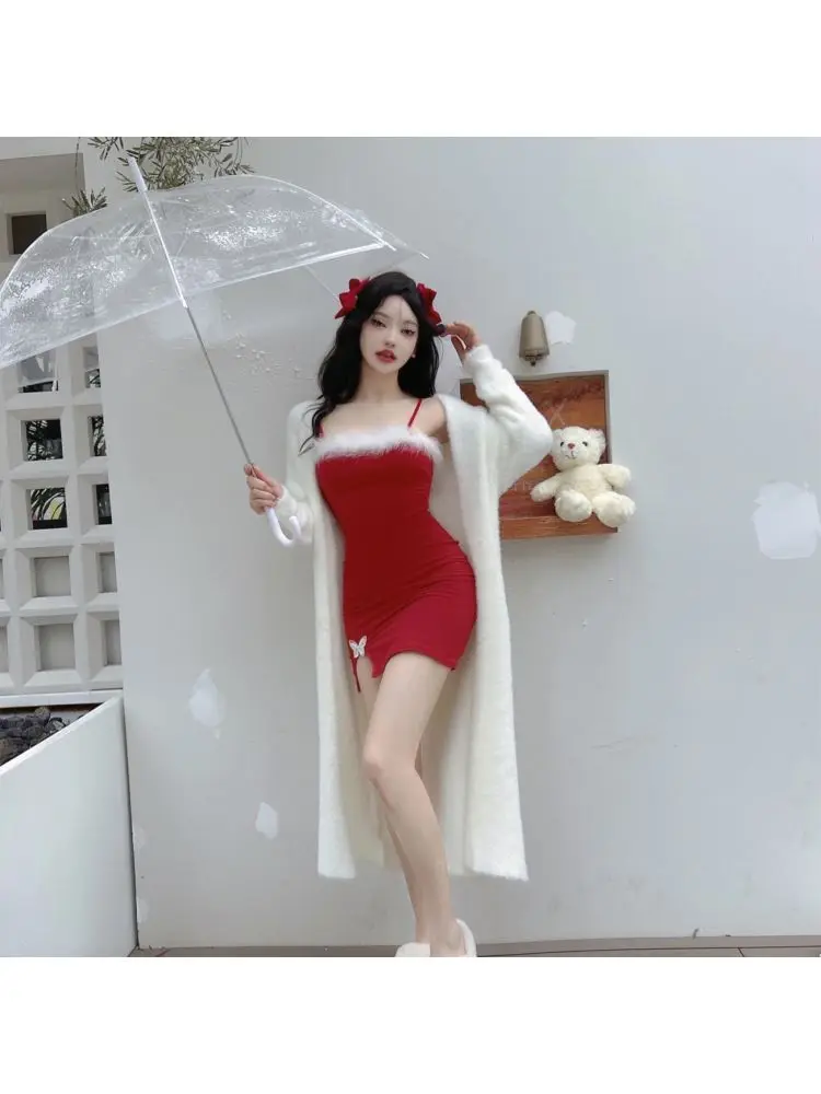 กระโปรงทรงเอวสูงสองสีแบบสายรัดสำหรับผู้หญิง สีแดงเซ็กซี่ เหมาะสำหรับฤดูใบไม้ร่วง ฤดูหนาว วันฮาโลวีน และวันวาเลนไทน์