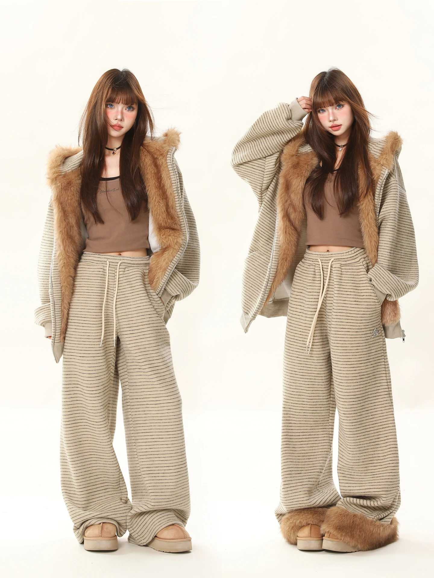 

Теплые повседневные брюки в полоску на флисовой подкладке, женские свободные облегающие брюки для похудения, осенне-зимние модные удобные дышащие брюки с высокой талией