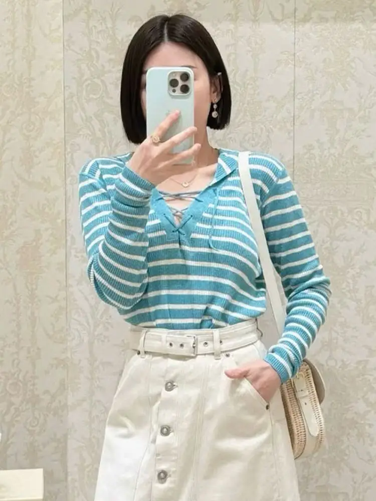 

Oyearex Women's Long Sve Knitted irt Naval Collar Striped Letter Pattern Street Sle Slim Fit V-Ne Summer Top