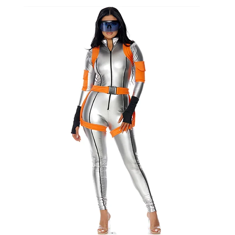 Halloween Masquerade Astronaut Jumpsuit Silver Spacewoman Cosplay Costume Carnival Party Alien Robot Fancy Dress