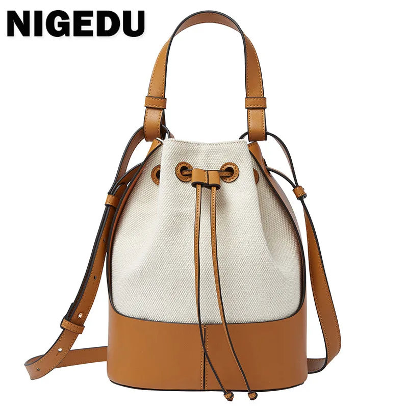 Korean style Stitching canvas Small Bucket Bags for Women 2024 new Brand Shoulder bag Handbags Casual Tassel Crossbody Bag