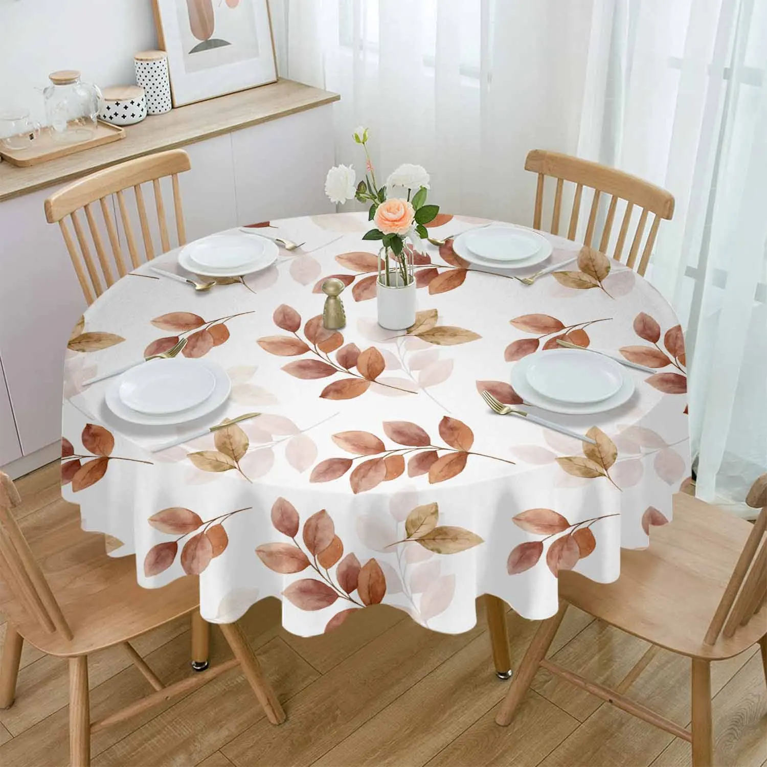 

Autumn Eucalyptus Leaves Plant Round Table Cloth Festival Dining Tablecloth Waterproof Table Cover for Wedding Party Decor