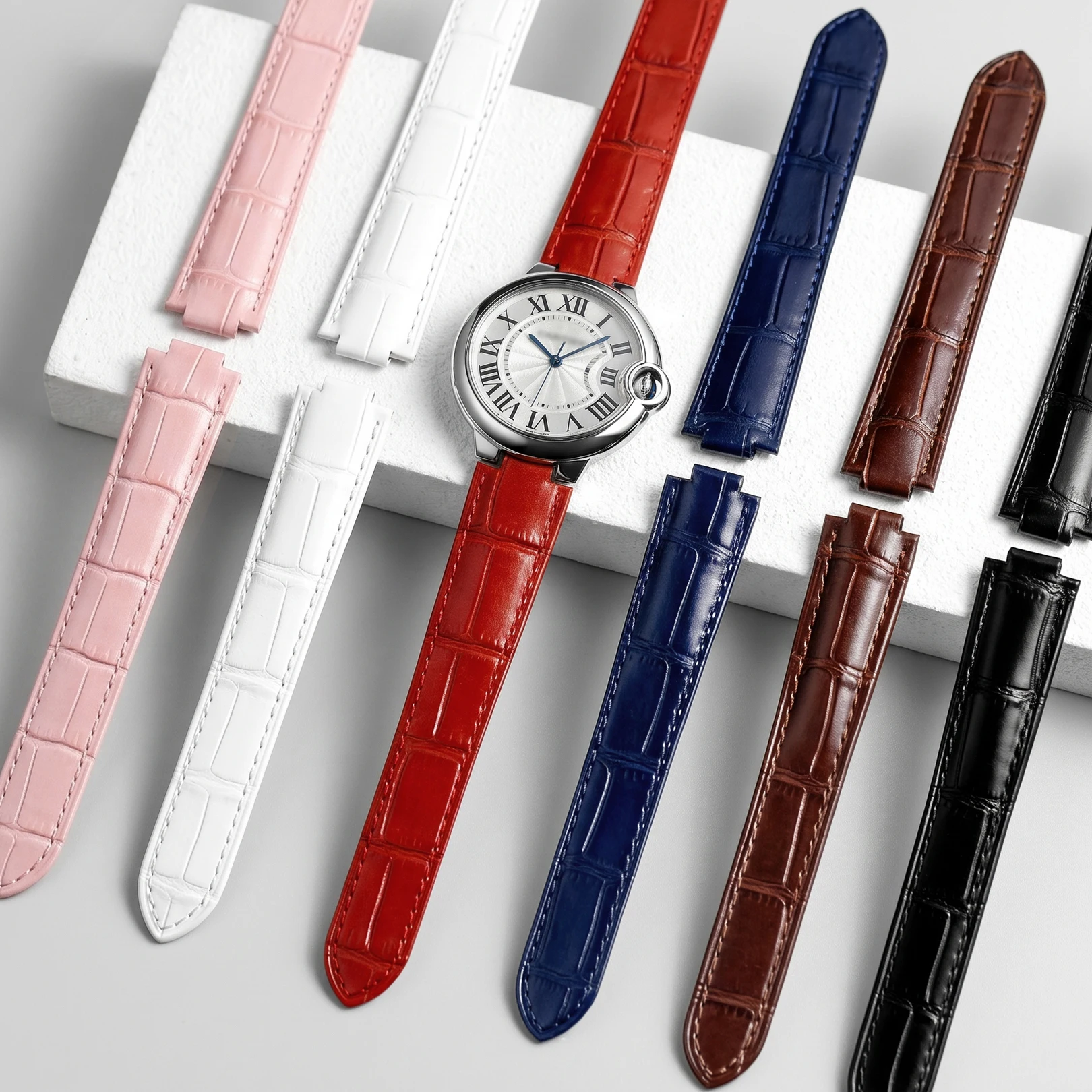 Genuine Leather Strap for Cartier Blue Balloon Men Women Convex Cowhide Butterfly Buckle Watch Band Bracelet 14/16/18/20/22mm