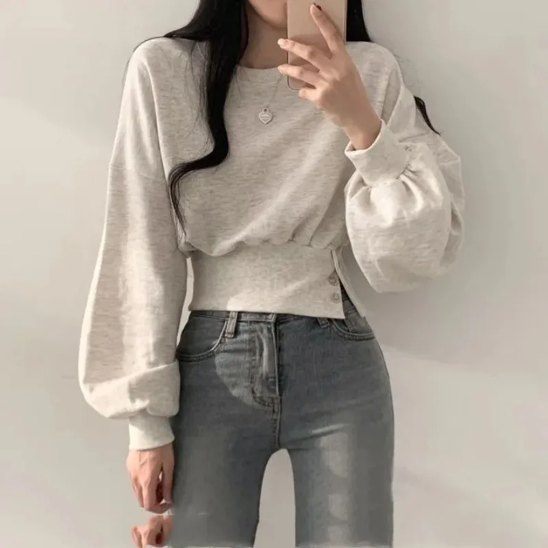 Women\'s 2023 Spring and Autumn New Korean Casual Solid Color Long Sleeved Button Loose Round Neck Belted Pullover Short Hoodies