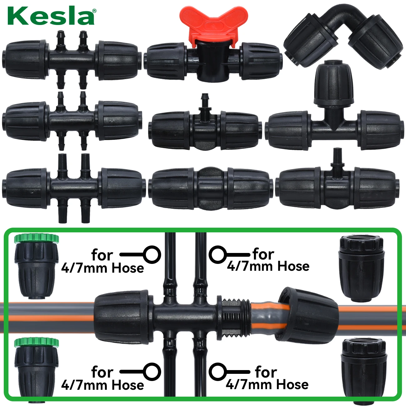 KESLA 2PCS 16mm 1/2'' PE Pipe Connector Splitter Tee Coupling Threaded Lock to 4/7mm 3/5mm Hose Garden Watering Drip Irrigation