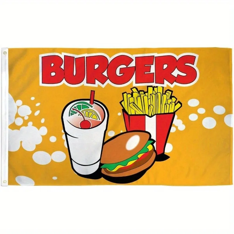 Burgers and Fries Flag Banner Funny Food Graphic Wall Decor for Fast Food Restaurant Party