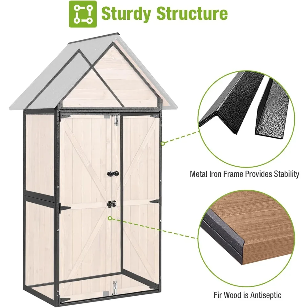 Outdoor Storage Shed with All Around Strong Metal Frame, Wooden Tool House with Adjustable Shelfs