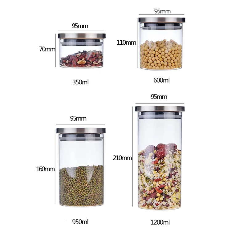 Multi-specification airtight transparent food storage container glass jar with stainless steel lid