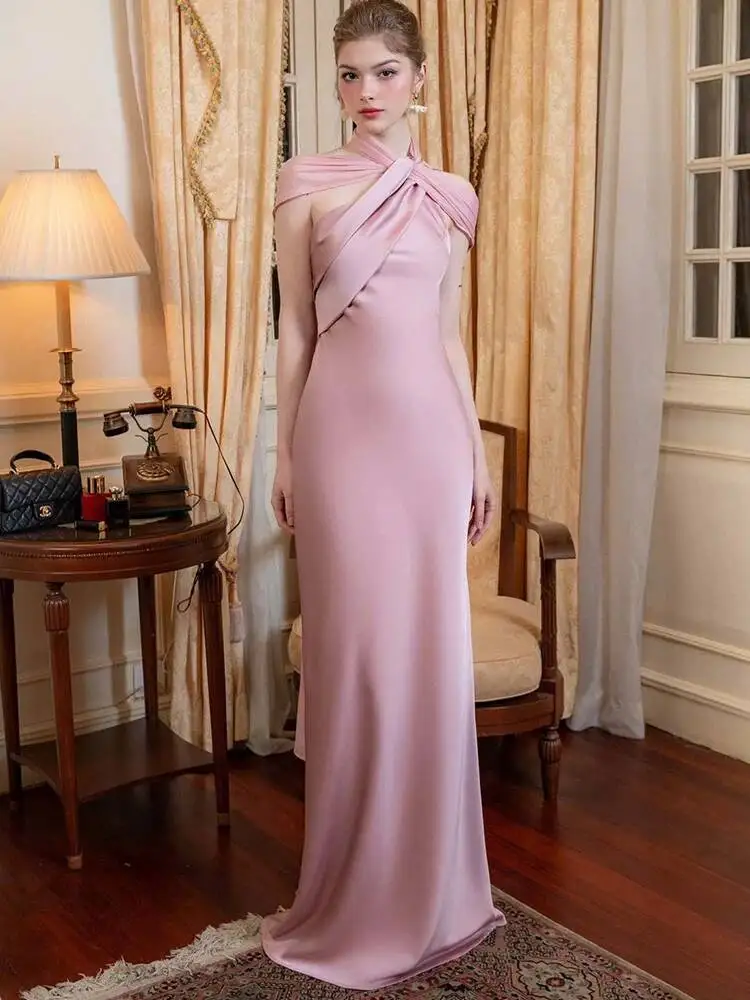 

2026 Elegant Satin Women Maxi Dress Sexy Solid Ribbon Sleeveless Backless Slim Outfits Female Evening Party Dresses Robes