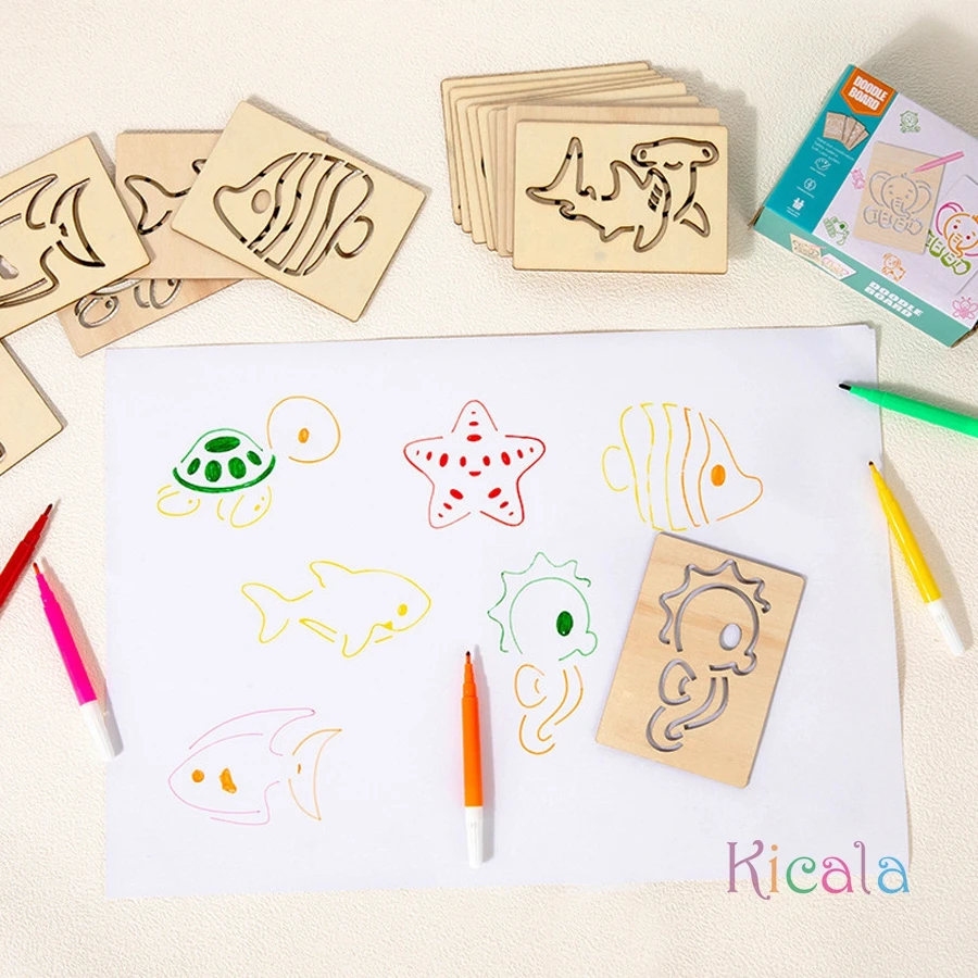 Diy montessori criança desenho livro para colorir conjunto pintura estênceis modelo artesanato de madeira quebra-cabeça educacional presente das crianças