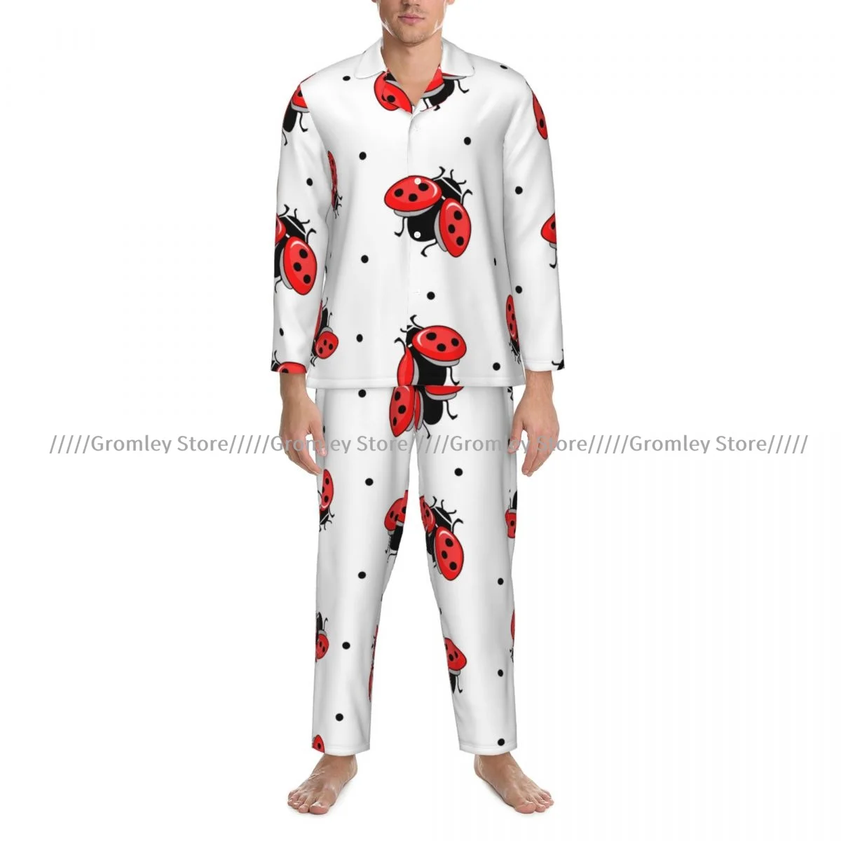 Conjuntos de pijama masculino joaninha silhueta pijamas manga longa roupa de dormir masculina