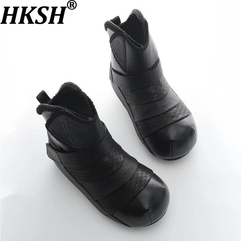 

HKSH Men Turtle Shell Bamboo Boots Original Deconstructed Texture Fashion Cowhide High-Top Height-increasing Snow Shoes HK16420