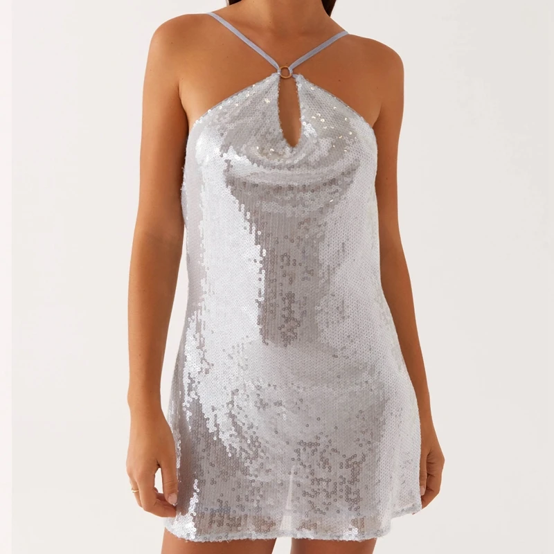 Maemukilabe feminino halter lantejoulas brilho mini vestido sexy frente corte sem costas cowl volta glitter vestidos curtos y2k clube festa