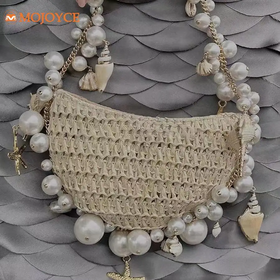 

Women's Bohemian Straw Bag Pearls Shell Hand-Woven Handbags Handwoven Conch Starfish Beach Bag Rattan Half Moon Shoulder Bags